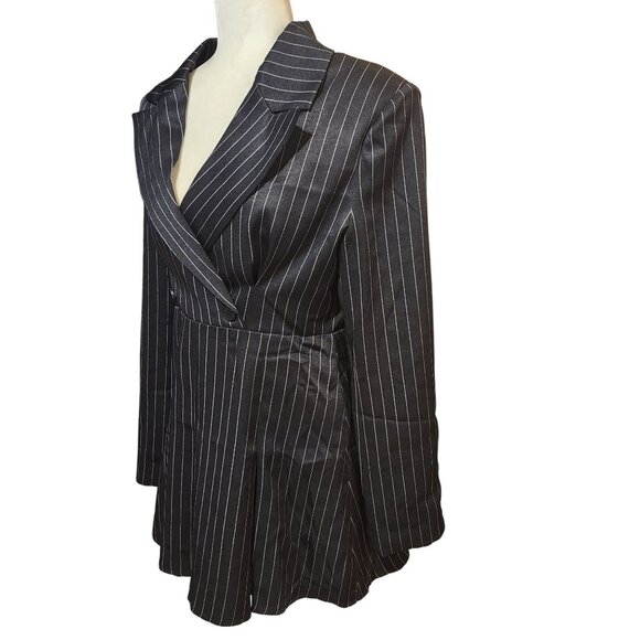 Cider Women's Size Medium Black Striped Split Button Blazer Mini Dress Pleated - Picture 3 of 10